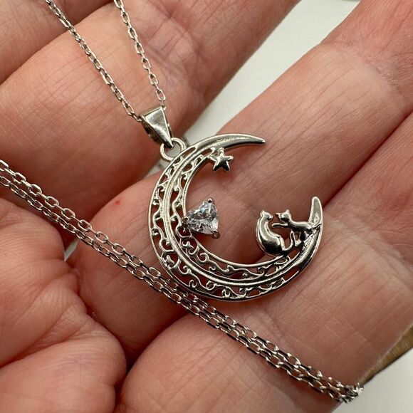 Sterling Silver Cats On Moon CZ Necklace - Picture 1 of 4